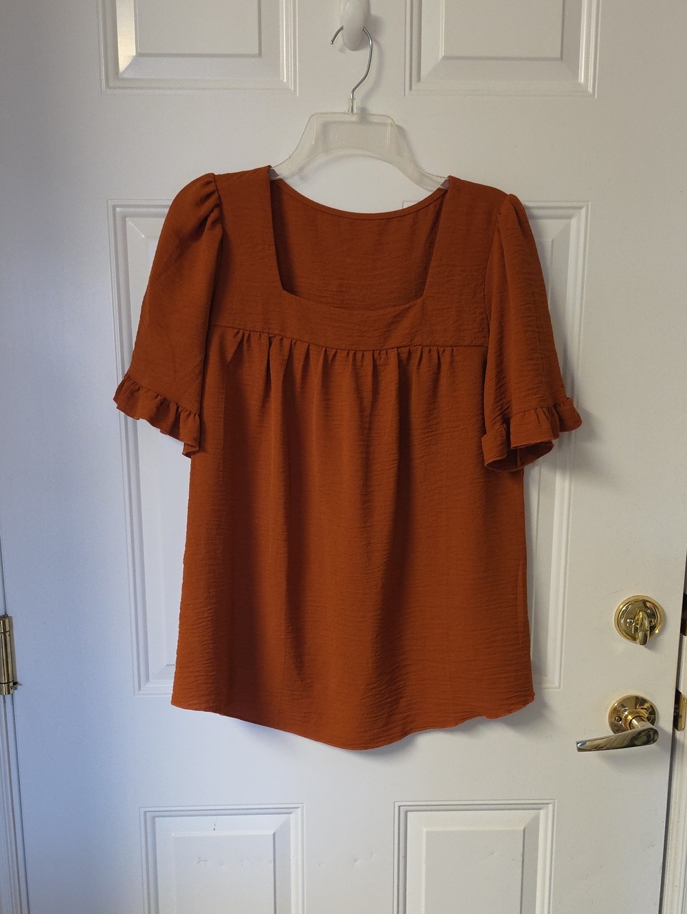 Square Neck Ruffle Sleeve Blouse in Rust Orange